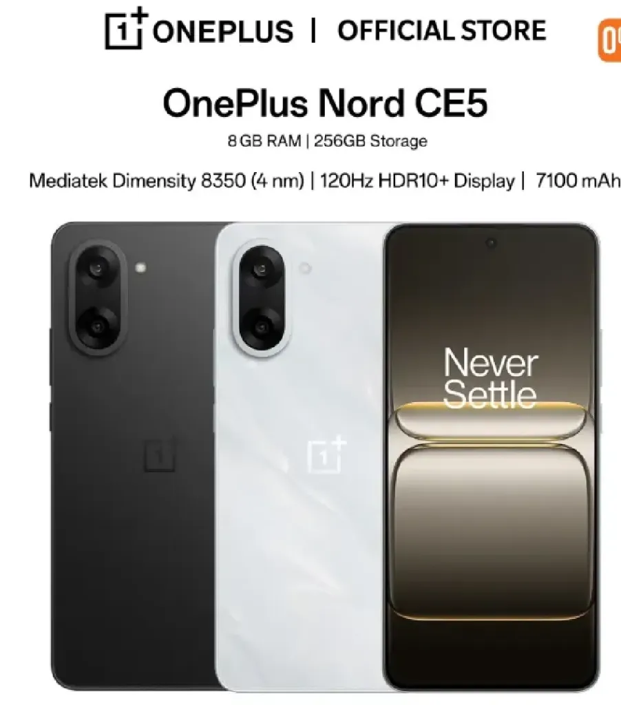 OnePlus Nord CE5 (8/256GB) | 6.77" 120Hz AMOLED Ultra HDR Display | MediaTek Dimensity 8350 Apex Processor | 7100mAh battery | 80W SUPERVOOC Charging
